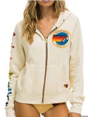 Aviator Nation Vintage White Zip Hoodie sweatshirt size small